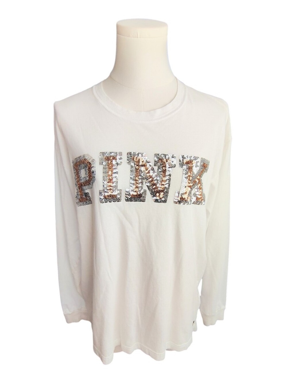 PINK Victoria's Secret 100% Cotton White Tee Pink & Silver Sequins Size Medium